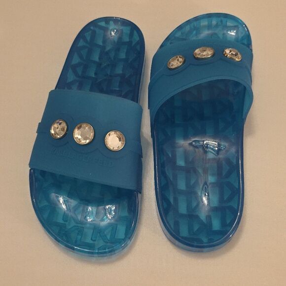 BRAND NEW KARL LAGERFELD TEAL SLIDE with CRYSTAL DETAILS SANDAL R3 - Picture 5 of 16